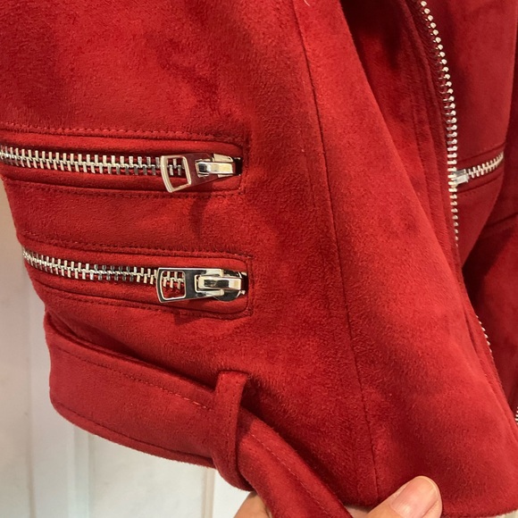 Zara Trafaluc red faux suede biker jacket, multiple zippers, belted waist. Sz S - Picture 8 of 13